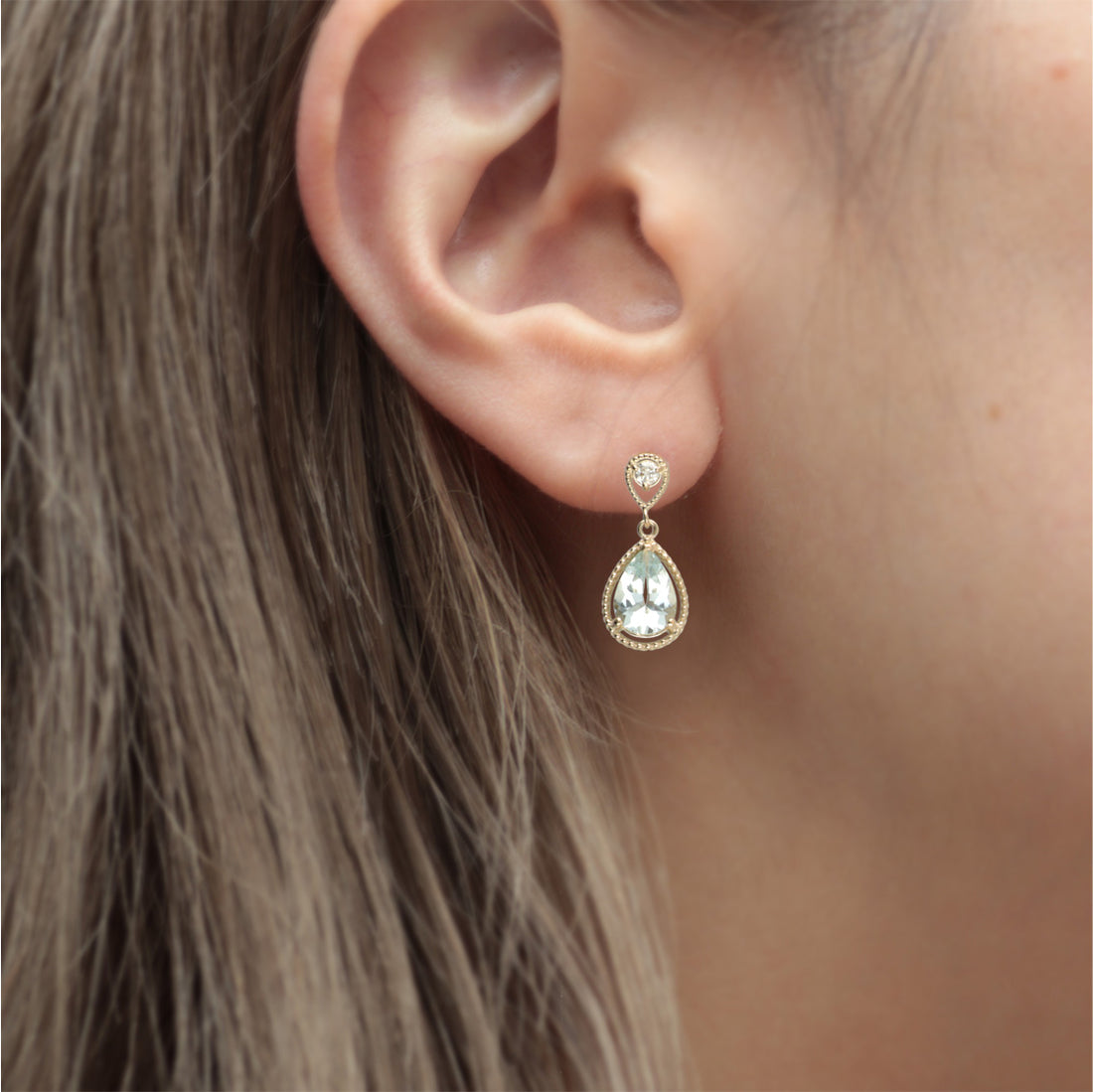 K10 アクアマリン ペアシェイプ ダイヤモンド ミル ピアス