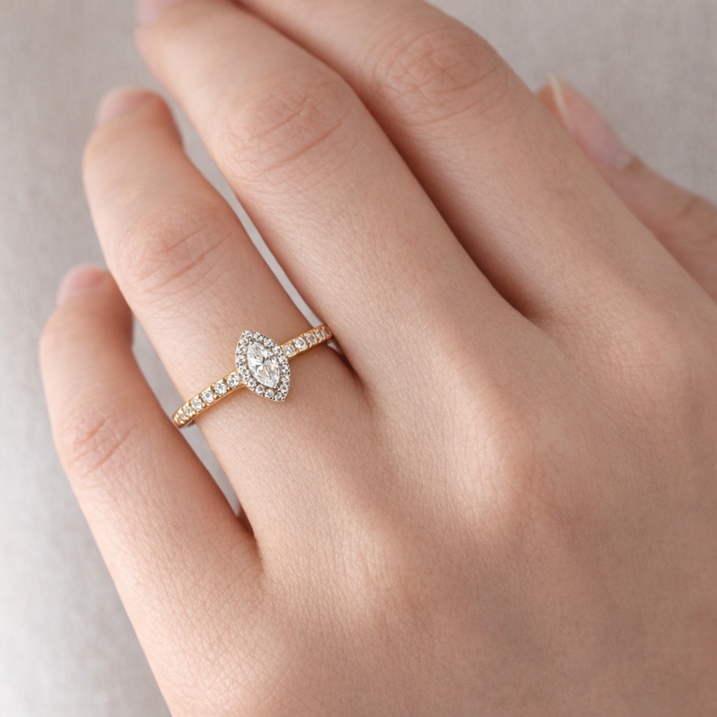 K18 ダイヤモンド0.3ct マーキスカット ヘイロー リング